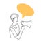 Continuous one line drawn a man holding a loudspeaker and speak with blank speech bubble. The concept of announcement, warning,