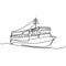 Continuous one line hand drawn of large cruise ship at sea. Royal passenger cruise ship over the marine. Ocean travel vacation