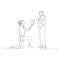 Continuous one line woman on her knee makes a wedding proposal to a man. Wedding and love theme. Vector