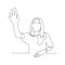 Continuous one line woman pull her hand up, want to answer a question. Vector.