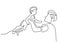 Continuous single drawn one line dad tosses a toddler by hand. Happy Father`s Day theme. A daddy with her child drawn by hand