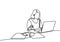 Continuous single drawn one line of woman with laptop. A young girl sitting and focus on her computer while typing on the keyboard