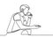 Continuous single line one morning activity with a cup coffee character at the table. The guy is a men who are sitting enjoying a