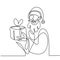 Continuous single line santa claus drawn by hand picture silhouette. Happy santa standing pose and giving gift box. Christmas