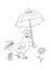 Contour bird with an umbrella for coloring, children`s illustration, computer graphics