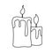Contour black-and-white drawing of two burning melted candles. Vector illustration. Coloring page