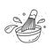 Contour cartoon picture. Inclined dish, black and white picture. Outline bowl with whisk and spray. Doodle illustration of matcha