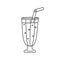 Contour cocktail icon. Tall glass milkshake with tube and bubbles. Hand drawn cartoon illustration. Isolated vector sign in doodle