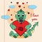 Contour color childrens illustration little dragon hugs heart with I love you drawn on a notebook in the box