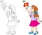 Before and after,contour and color kawaii drawing of a girl showing a flower to a bee for children`s coloring book or game