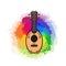 Contour color ukulele on rainbow watercolor splashes. Hawaiian music. Musical string instrument. Vector outline element