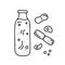 Contour doodle bottle with bacteria. Cartoon illustration of fermented milk drinks on white background. Hand drawn isolated vector