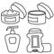 Contour drawings of cosmetics for the body. Cream, jar with an open skin care product, tonic and deodorant. Line vector