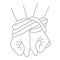 The contour of the hands tied with a rope on the wrist. Hopelessness concept, symbol of slavery