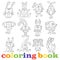 Contour illustration with set of funny rabbits, coloring book