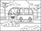 Contour minivan for coloring book page; stylized retro minivan on the background of nature, mountains