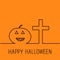 Contour pumpkin and cross. Happy Halloween card. Orange background. Flat design.