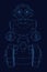 Contour of a robot on a goose with hands with glowing lights from blue lines isolated on a dark background. Front view