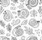 Contour seamless pattern with decorative snails, leaves and drops. Vector illustration