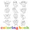 Contour set of funny cartoon owls, contour image on a white background, the coloring book