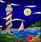 Contour set with  seascape, lighthouse and sailboat on a background of sea and starry night sky with a moon