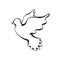 Contour silhouette of a flying dove on a white background. Religious symbol. Outline illustration