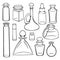Contour sketch of bottles, flasks and jars. Containers for perfumes and medicines. Natural medicine. Potions and Alchemy. Vector