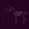 Contour unicorn skeleton and grim reaper on dark violet background