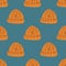 Contoured orange beanie hat seamless pattern. Hipster clothes ornament on blue pale background