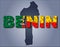 The contours of territory of Benin and Benin word in colours of the national flag