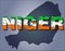 The contours of territory of Niger and Niger word in colours of the national flag