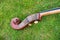 Contrabass on a background of green grass. The musical instrument consists of a soundboard with two holes