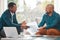 Contract, broker and man in a house talking to a client for meeting or consultation for advice. Black person and