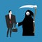 Contract with death. Grim Reaper and businessman shaking hands.