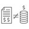 Contract with money and inequality sign thin line icon, Black bookkeeping concept, Mismatch of money in report sign on