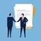 Contract paper document agreement. Business people standing handshake wearing suite formal. Concept business vector