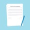 Contract or terms and conditions document isolated on blue background. The corporate form with a pen lying next to