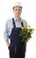 Contractor with bouquet against white background