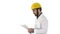 Contractor engineer walking with papers and checking arround on white background.