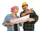 Contractor in Hard Hat Discussing Plans with Woman On White