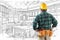 Contractor With Hard Hat and Tool Belt Facing Custom Kitchen Design Drawing Details