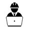 Contractor icon vector male construction service worker person profile avatar with laptop and hardhat helmet in glyph pictogram