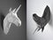 Contrast collage of two photos of black and white unicorns.