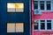 Contrast colour scene of blue and pink building walls in Hong Kong China SAR in the evening