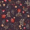 Contrast floral pattern with small plants. Botanical motifs scattered randomly on a dark background.