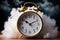 Contrast Fluffy white clouds envelop alarm clock on striking black backdrop.