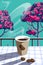 Contrast illustration cup with hot coffee, coffee beans and beautiful wavy fragrant steam.