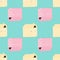 Contrast seamless pattern with doodle village elements. Pink and yellow houses on blue background