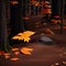 Contrast of Seasons: Black Wood with Vibrant Orange Leaves. AI Generated