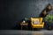 Contrasting elegance Yellow armchair in a dark room with black wall